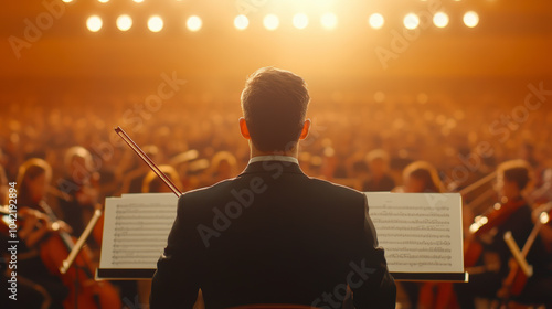 A conductor leads an orchestra in a grand concert hall, bathed in warm, golden light, as the audience attentively observes the performance. photo