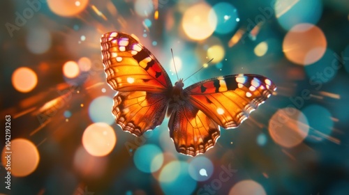 A Butterfly in Flight Against a Shimmering Bokeh Background