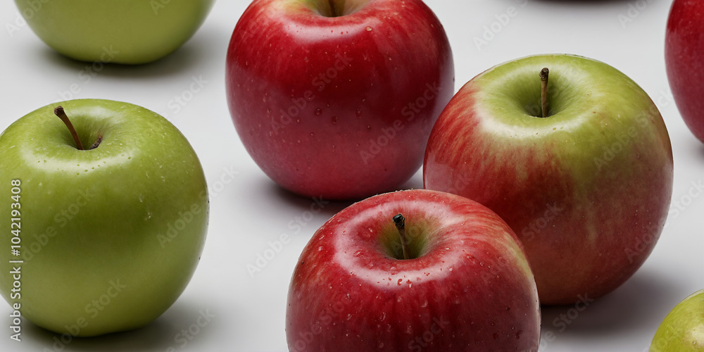 Rot-grüne Äpfel mit leuchtender, saftiger Schale und sichtbaren Tautropfen, die auf einer weißen Fläche arrangiert sind und Frische und knackige Textur symbolisieren Rot-grüne Äpfel mit leuchtender, saftiger Schale und sichtbaren Tautropfen, die auf einer weißen Fläche arrangiert sind und Frische und knackige Textur symbolisieren
