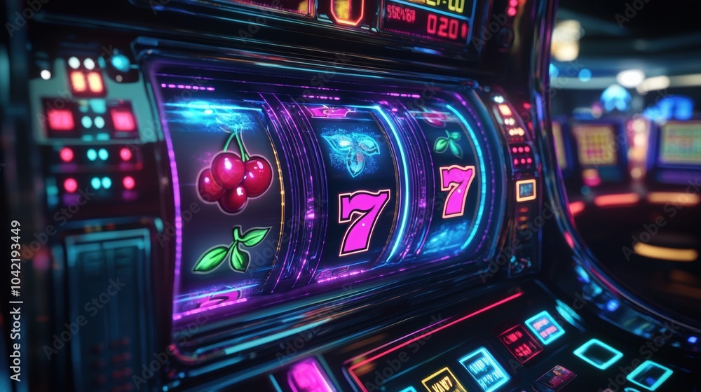 A vibrant slot machine glows in a casino as the reels display cherries, sevens, and bars while spinning mesmerizingly. Generative AI A vibrant slot machine glows in a casino as the reels display cherries, sevens, and bars while spinning mesmerizingly. Generative AI