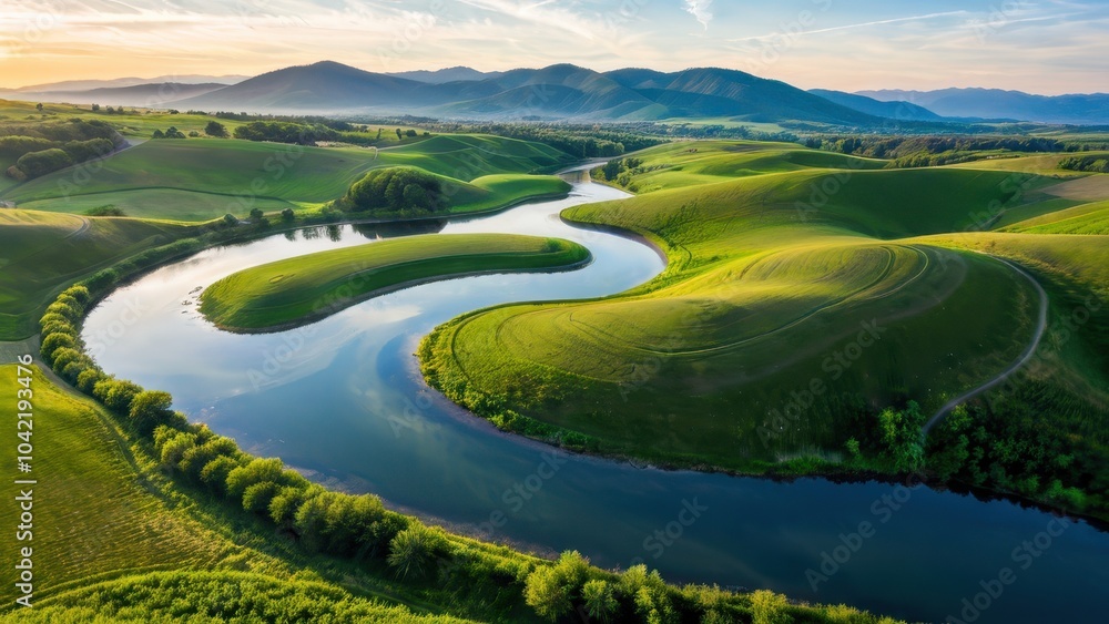 Breathtaking aerial view of rolling green hills and a winding river at sunset, perfect for nature, travel, or outdoor adventure themes Breathtaking aerial view of rolling green hills and a winding river at sunset, perfect for nature, travel, or outdoor adventure themes