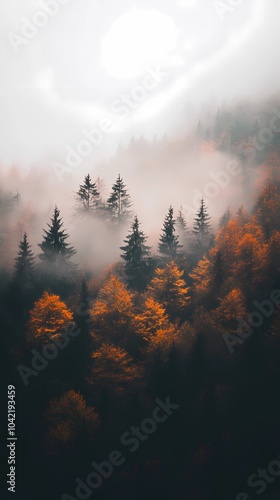 Misty autumn morning in the mountains, with colorful foliage and fog covering the peaks, creating a serene and calming atmosphere for visuals.