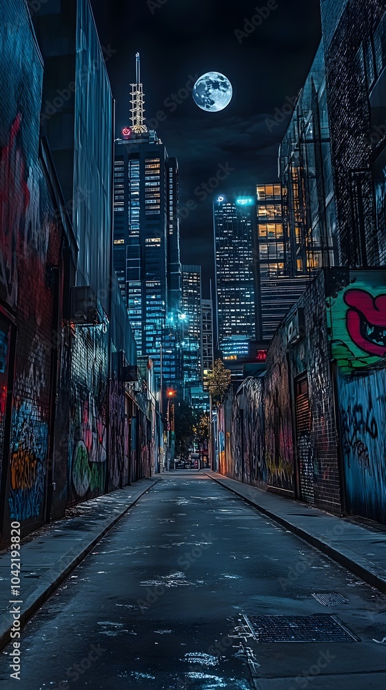 Fototapeta premium A photo of the empty streets at night, with graffiti on buildings and skyscrapers in view