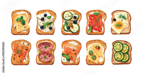 Top view crunchy toasts cartoon vector set. Sausage tomato cheese salmon olive quick meal sandwich burger, healthy fresh toppings bread breakfast dinner food, isolated illustrations on white