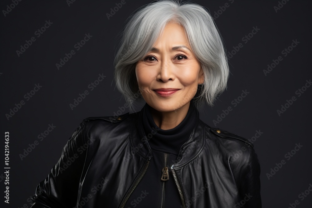 portrait of smiling senior asian woman in leather jacket, isolated on black portrait of smiling senior asian woman in leather jacket, isolated on black