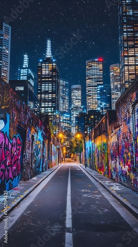 A photo of the empty streets at night, with graffiti on buildings and skyscrapers in view