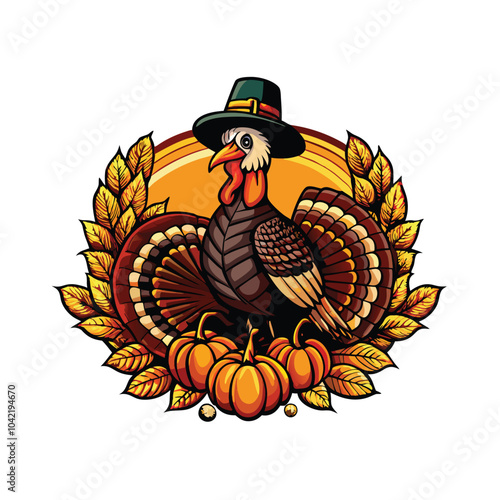 A cartoon turkey wearing a pilgrim hat and standing on pumpkins.