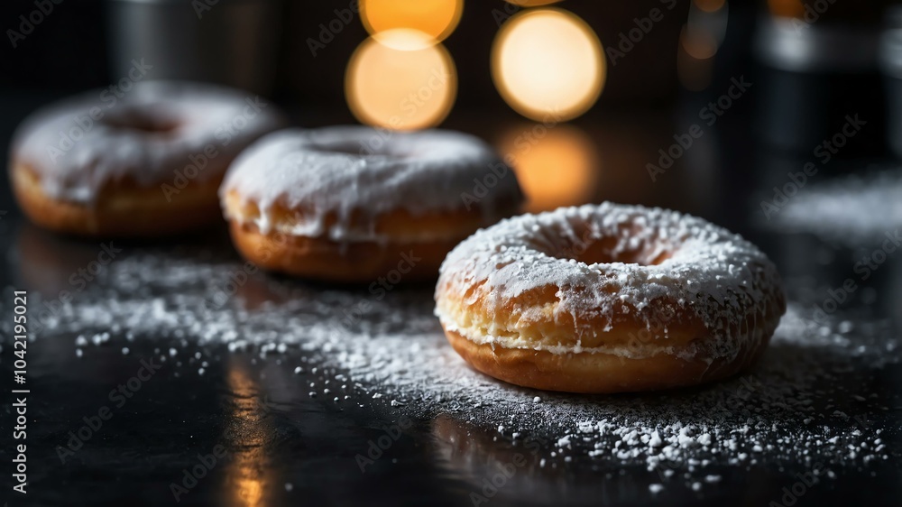Aesthetic preparation of powdered sugar donut on a black themed kitchen. bokeh style. Aesthetic preparation of powdered sugar donut on a black themed kitchen. bokeh style.