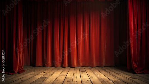 An old historic theater stage with weathered floorboards, slightly faded red curtains, and soft yellow lighting casting gentle shadows.