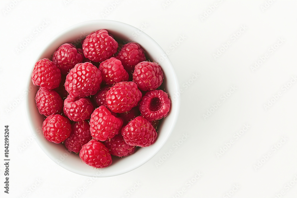 Fresh raspberries in a white bowl on a plain background, showcasing their vibrant color and texture for a healthy snack option. Generative AI Fresh raspberries in a white bowl on a plain background, showcasing their vibrant color and texture for a healthy snack option. Generative AI