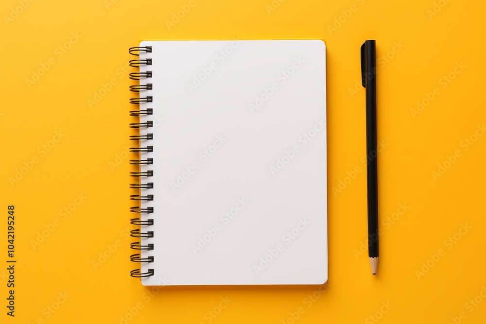 A blank notebook and a black pen on a vibrant yellow background for creative ideas A blank notebook and a black pen on a vibrant yellow background for creative ideas
