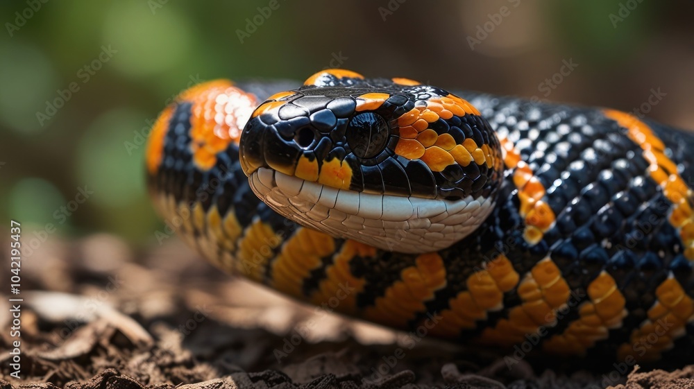 Close-up portrait of a black, orange, and white banded snake with its head turned slightly to the left, focusing on its eye and mouth. Close-up portrait of a black, orange, and white banded snake with its head turned slightly to the left, focusing on its eye and mouth.