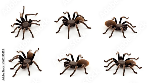 antulas in different positions on a white background- one crawling, one standing still, one spinning a web, one eating, one playing, one resting.