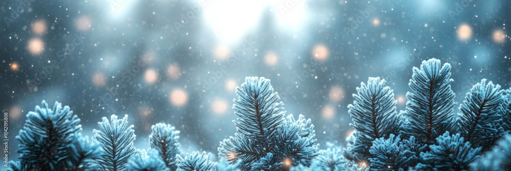 Spruce branches framed against a blurred forest backdrop with soft snowfall, evoking a tranquil and serene winter landscape, banner Spruce branches framed against a blurred forest backdrop with soft snowfall, evoking a tranquil and serene winter landscape, banner