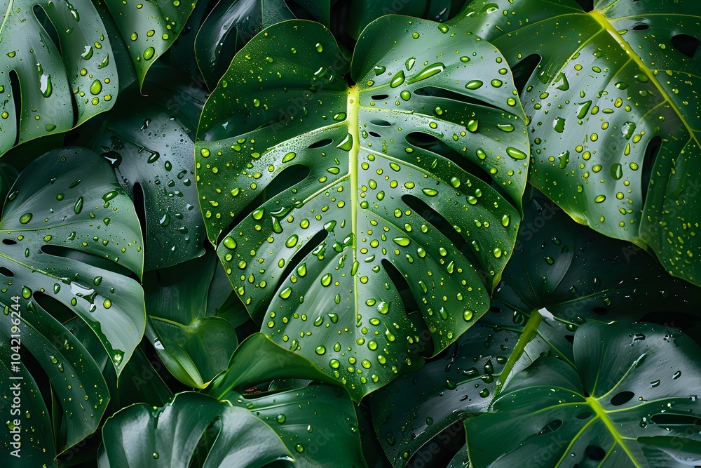 Fototapeta premium A bunch of green leaves with water droplets on them