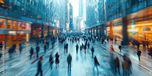 Motion blurred crowd walking through modern indoor space with glass walls. Dynamic urban lifestyle and fast-paced movement concept. Large group of diverse people walking and visiting at market. AIG55.