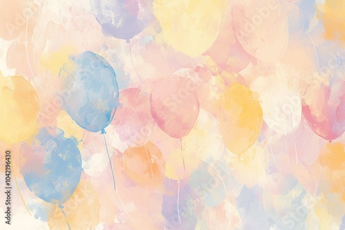 A delicate collection of balloons in soft, translucent colors floats lightly against a blank white background, creating a serene and dreamy illustration