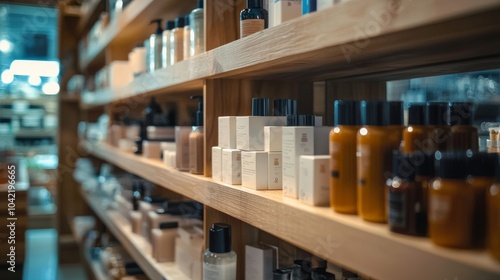 Wallpaper Mural Modern beauty products on wooden shelves in store Torontodigital.ca