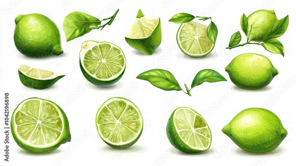 Limes on White Background, a vibrant display of fresh green limes, showcasing their textured skin and bright color against a clean, crisp white backdrop for a refreshing appeal Limes on White Background, a vibrant display of fresh green limes, showcasing their textured skin and bright color against a clean, crisp white backdrop for a refreshing appeal