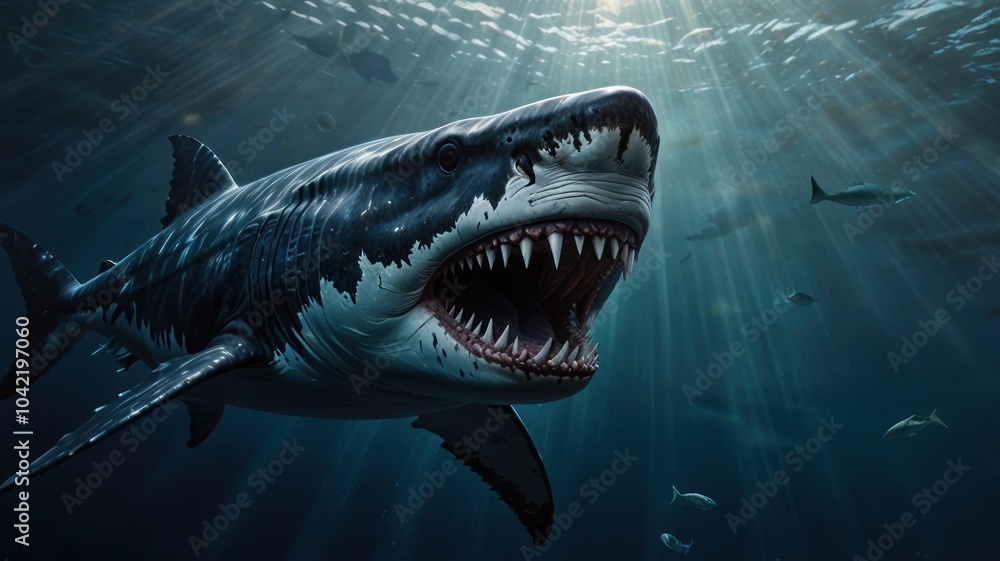 Fototapeta premium A great white shark with its mouth open, teeth bared, swims towards the surface of the water. Sunlight shines through the water above, casting a spotlight on the shark.