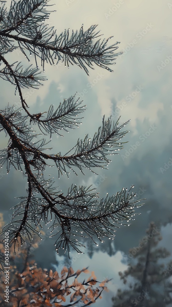 Obraz premium Misty autumn morning in the mountains, with colorful foliage and fog covering the peaks, creating a serene and calming atmosphere for visuals.