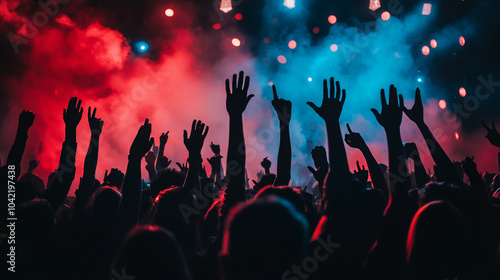 night club EDM party DJ mixing electronic music with turn table background, silhouettes of people dancing and raising their hands