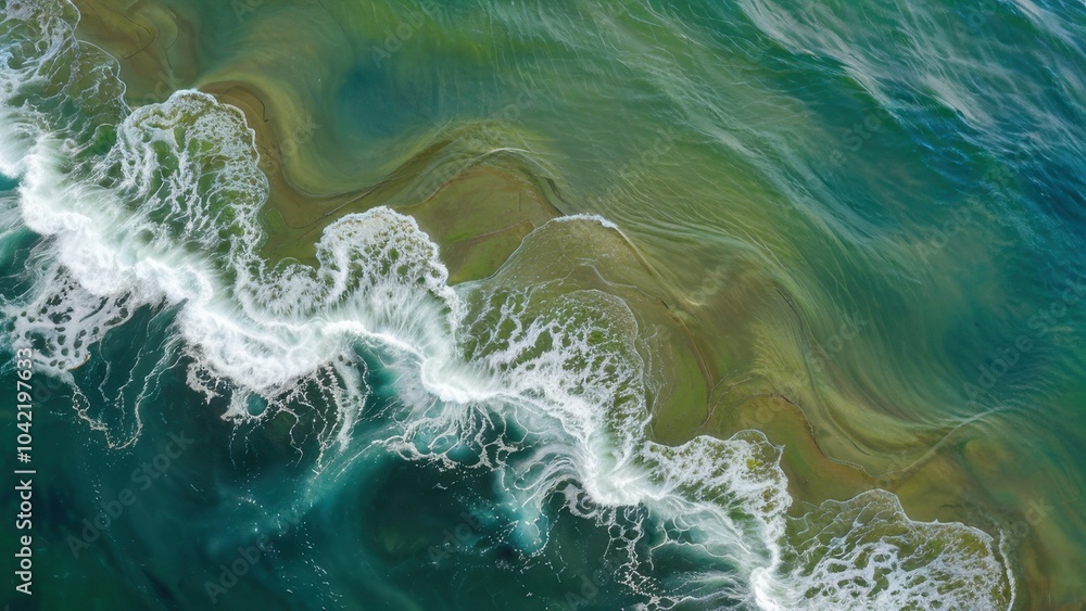 Aerial view of swirling ocean waves with vibrant green and blue water patterns, capturing the dynamic beauty of nature's forces and the movement of the sea Aerial view of swirling ocean waves with vibrant green and blue water patterns, capturing the dynamic beauty of nature's forces and the movement of the sea