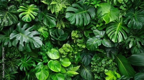 Lush tropical background with vibrant green plants and foliage, perfect for a Zoom call that brings a refreshing, nature-inspired atmosphere.