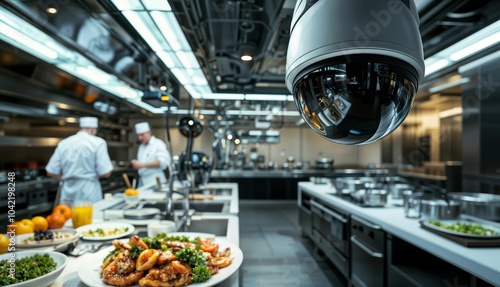 Obraz na płótnie Restaurant kitchen surveillance. Security camera monitors chefs preparing food in a commercial kitchen. w salonie