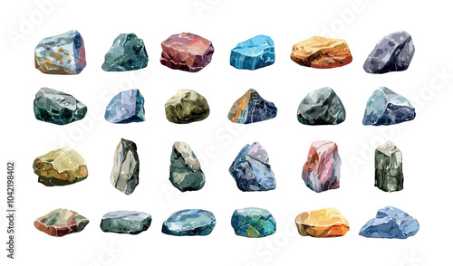 Watercolor stones vector set. Boulders manganese granite clay rocks sandstone pebbles rubble, shale quartz cobblestones minerals gravel, isolated illustrations on white background