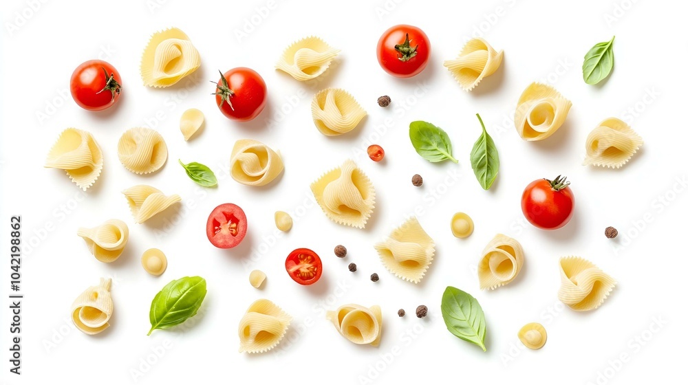 Bowtie pasta, tomatoes, basil, and black pepper on white background. Bowtie pasta, tomatoes, basil, and black pepper on white background.