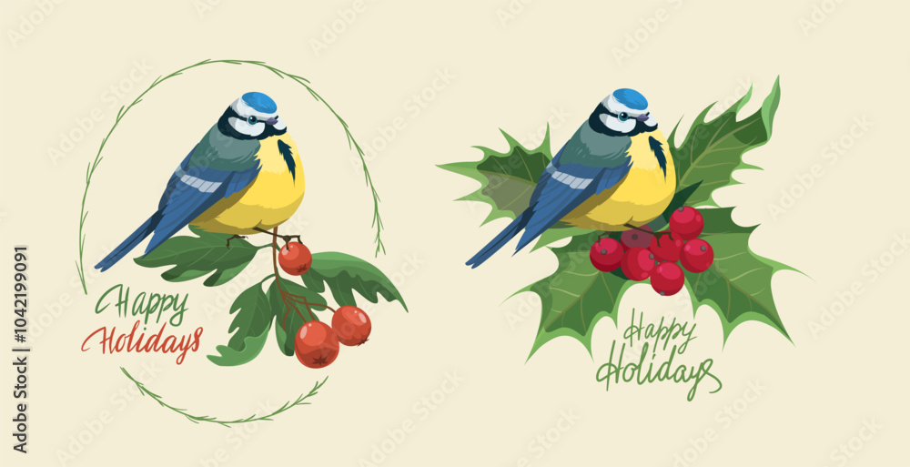 Blue tit and holly leaves and berries, cartoon vector bird illustration and winter floral composition isolated on white background. Blue tit and holly leaves and berries, cartoon vector bird illustration and winter floral composition isolated on white background.