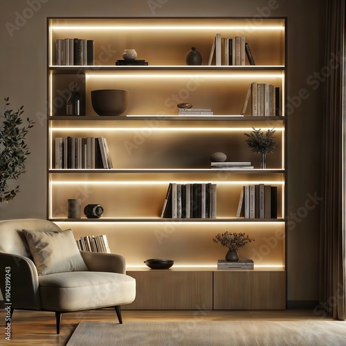 Cozy Reading Nook with LED Lighting. A cozy reading nook features a bookshelf illuminated by warm LED strip lights, creating a relaxing atmosphere.