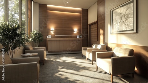 Stylish and cozy doctor's office waiting area with a mix of plush seating and warm decor, creating a serene space for patients to relax before appointments.