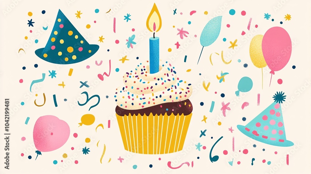 This colorful cupcake icon features playful elements perfect for any birthday celebration, embodying joy and festivity with vibrant colors and charming details. This colorful cupcake icon features playful elements perfect for any birthday celebration, embodying joy and festivity with vibrant colors and charming details.