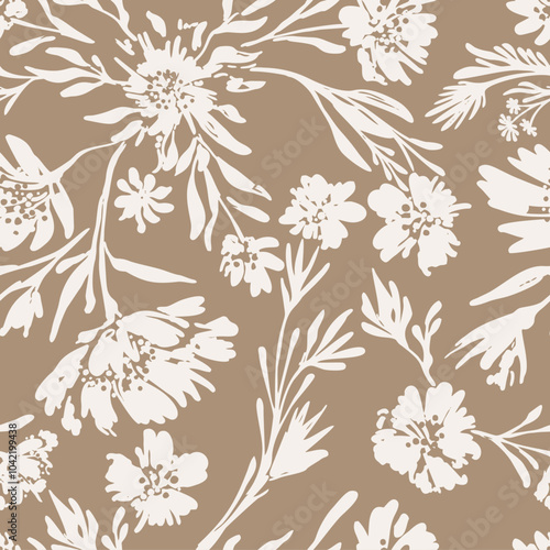Seamless fabric fabric ink floral vector laconic brown beige ink hand drawn pattern with petals, dots, leaves, branches on dark background
