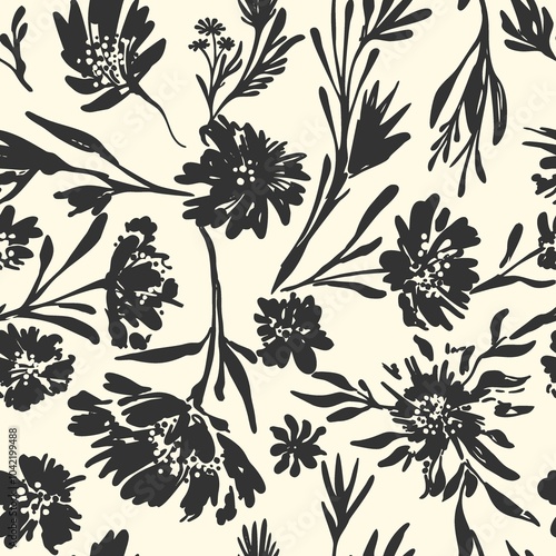 Seamless contrasting ink floral concise black and white handmade ink drawing for fabric design, decor, ceramics, greeting cards, flowers on a light background