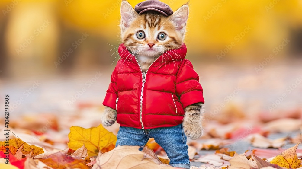 A playful kitten wearing a stylish red vest and blue jeans strolls down the rainy street, showcasing its adorable outfit in vibrant lighting A playful kitten wearing a stylish red vest and blue jeans strolls down the rainy street, showcasing its adorable outfit in vibrant lighting