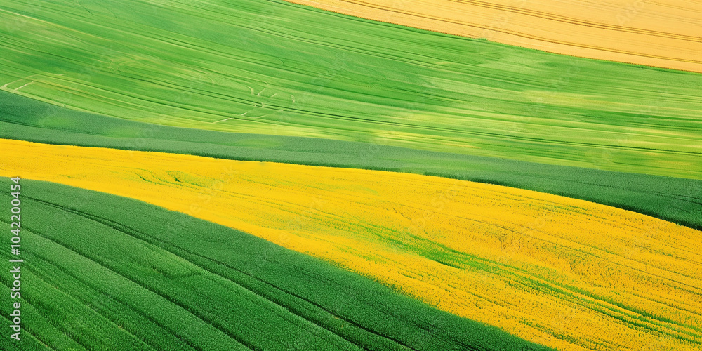 Obraz premium Aerial view of vibrant agricultural fields showcasing a mix of green and yellow crops. The fields are arranged in wavy patterns, highlighting the contrast between the lush green and the bright yellow