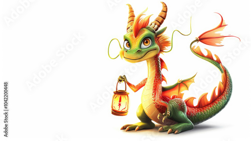 A colorful cartoon dragon holding a lantern, exuding a playful and friendly vibe isolated on white background.