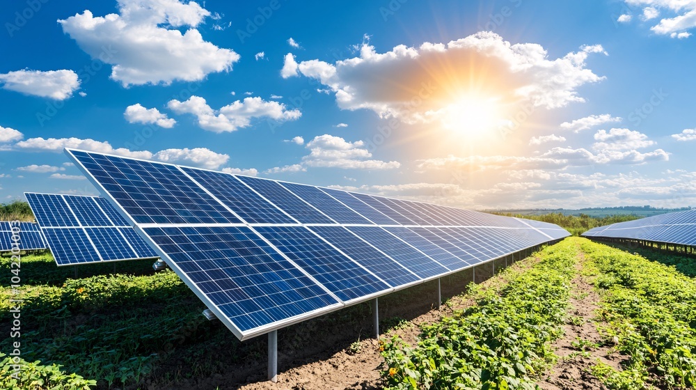 A vibrant scene featuring solar panels in a green field alongside blooming sunflowers, bathed in bright sunlight against a picturesque sky.