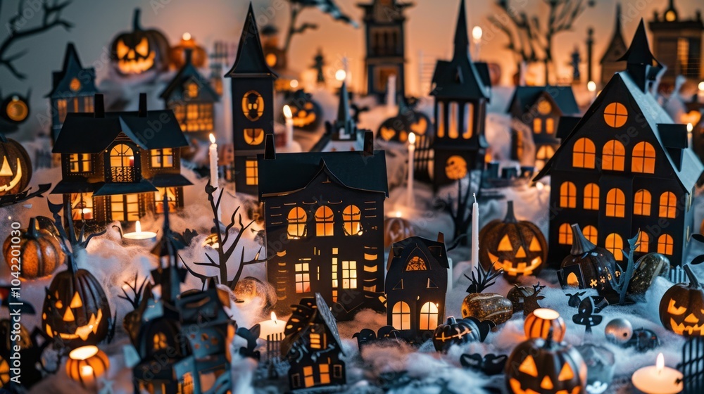 halloween background pumpkins,candles and houses. halloween background pumpkins,candles and houses.