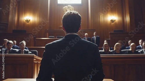 A man in a suit stands at a podium in a courtroom, facing an audience.