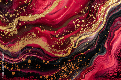 Wallpaper Mural An abstract artwork featuring swirling patterns in shades of red, black, and gold. The composition includes flowing lines and speckles of gold, creating a dynamic and luxurious appearance. Torontodigital.ca