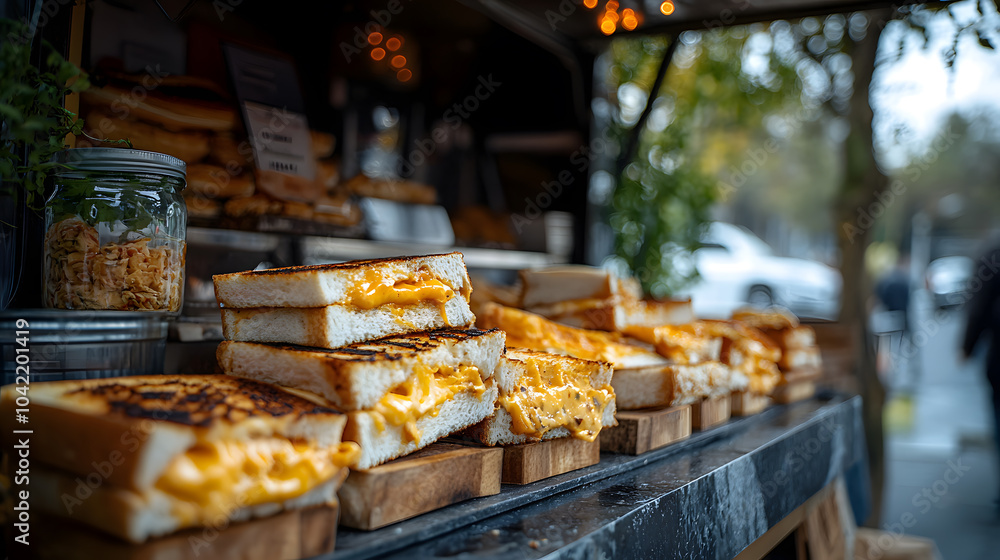 Fototapeta premium A gourmet grilled cheese food truck, with various cheese options and melted sandwiches on display, shot with a telephoto lens