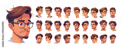Young glasses male portraits cartoon vector set. Curly hair men avatars, heads irritation thoughtfulness uncertainty concentration different emotions guys faces characters, isolated artworks