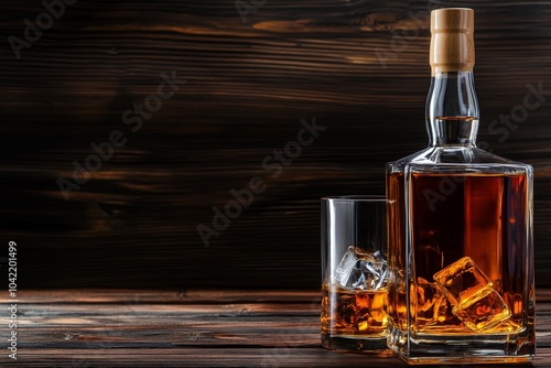 Bottle and glass of whiskey with ice on a wooden table are illuminated by beams of light photo