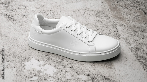 White Leather Sneakers on Concrete Background