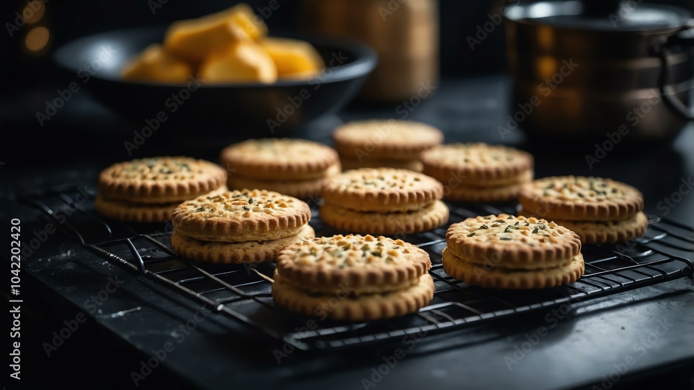 Aesthetic preparation of savory biscuits on a black themed kitchen. bokeh style. Aesthetic preparation of savory biscuits on a black themed kitchen. bokeh style.