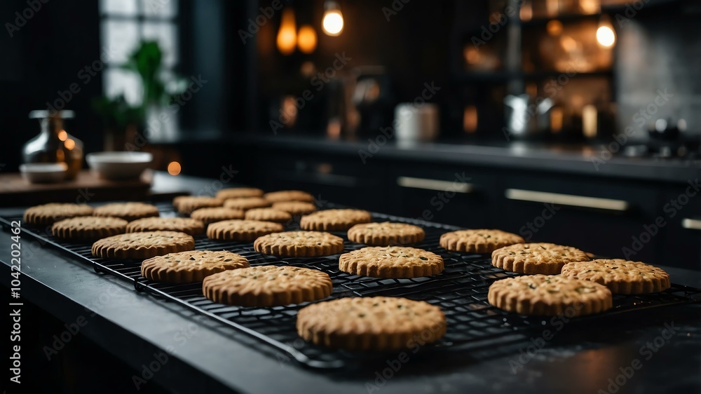 Fototapeta premium Aesthetic preparation of savory biscuits on a black themed kitchen. bokeh style.